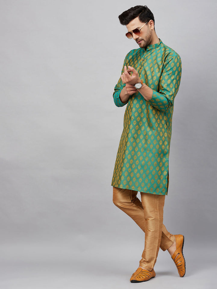 VM By VASTRAMAY Men's Green and Rose Gold Woven Kurta Pant Set