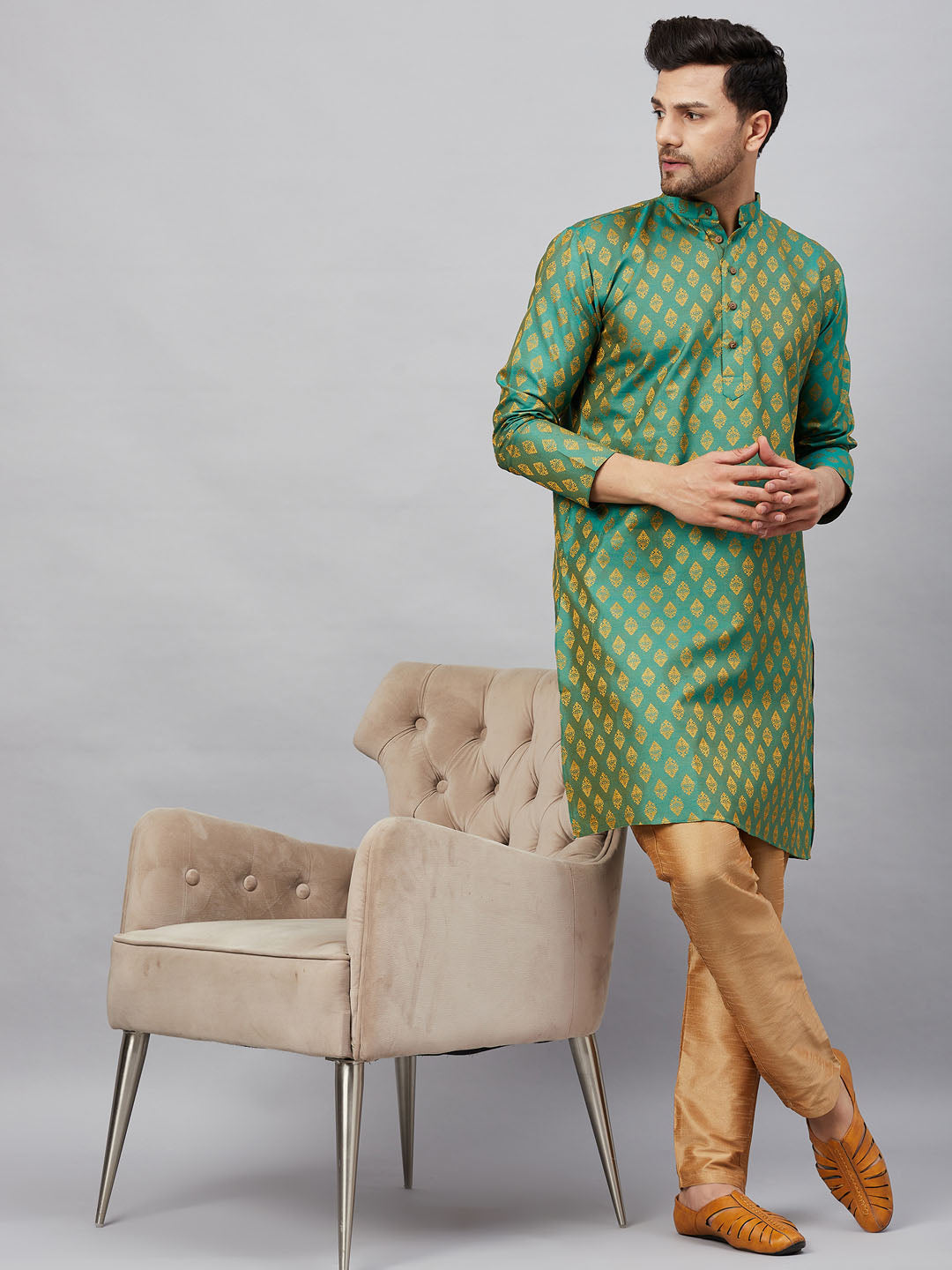 VM By VASTRAMAY Men's Green and Rose Gold Woven Kurta Pant Set