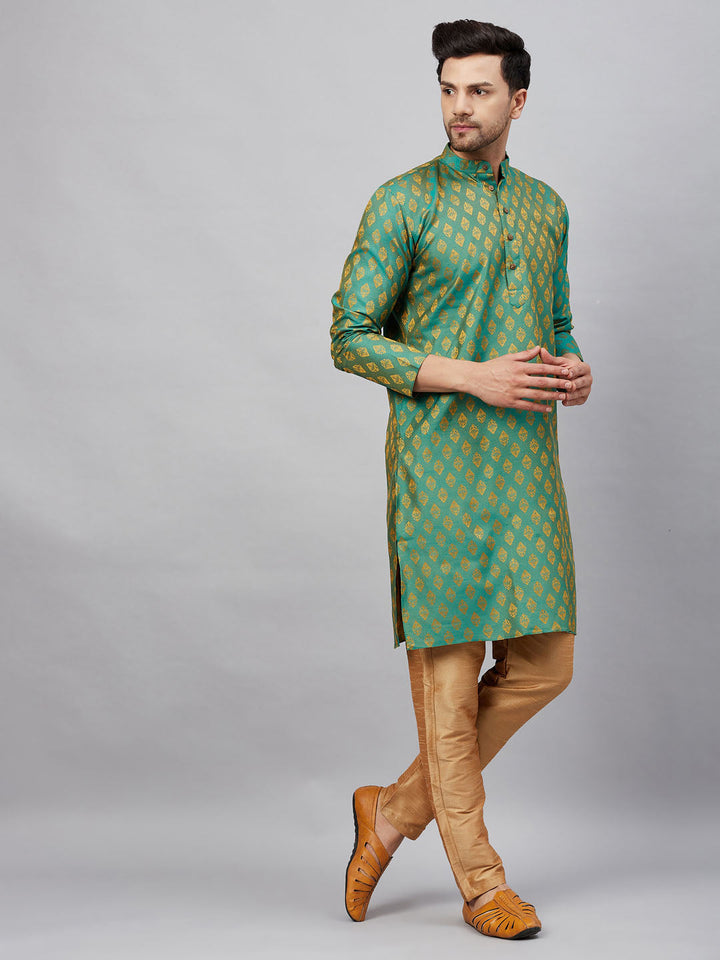 VM By VASTRAMAY Men's Green and Rose Gold Woven Kurta Pant Set