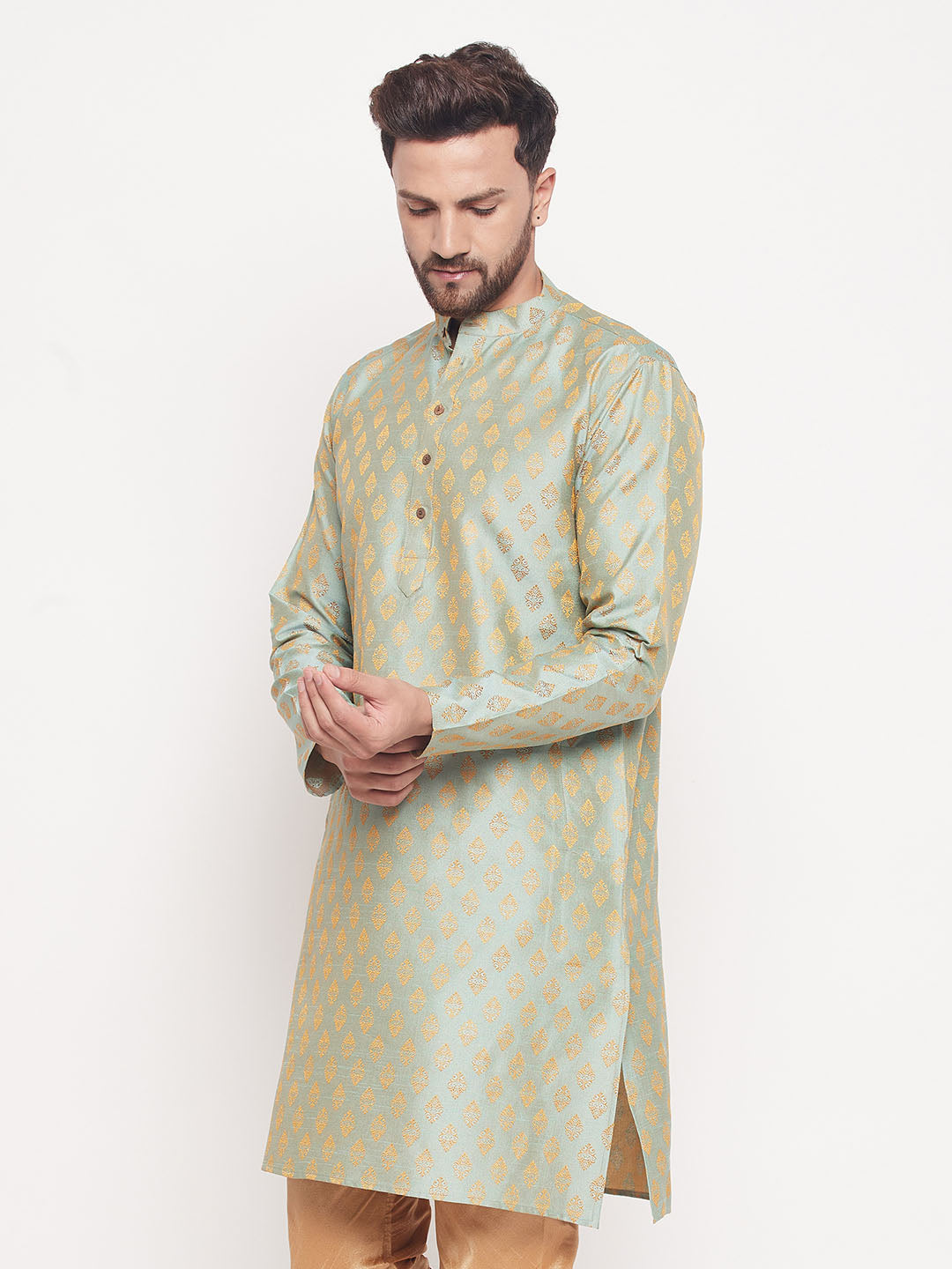 VM BY VASTRAMAY Men's Mint Green Woven Kurta