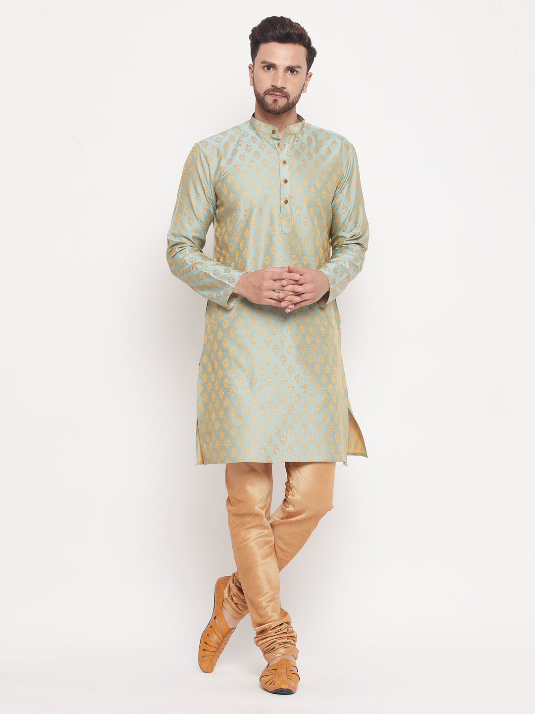 VM BY VASTRAMAY Men's Mint Green Woven Kurta