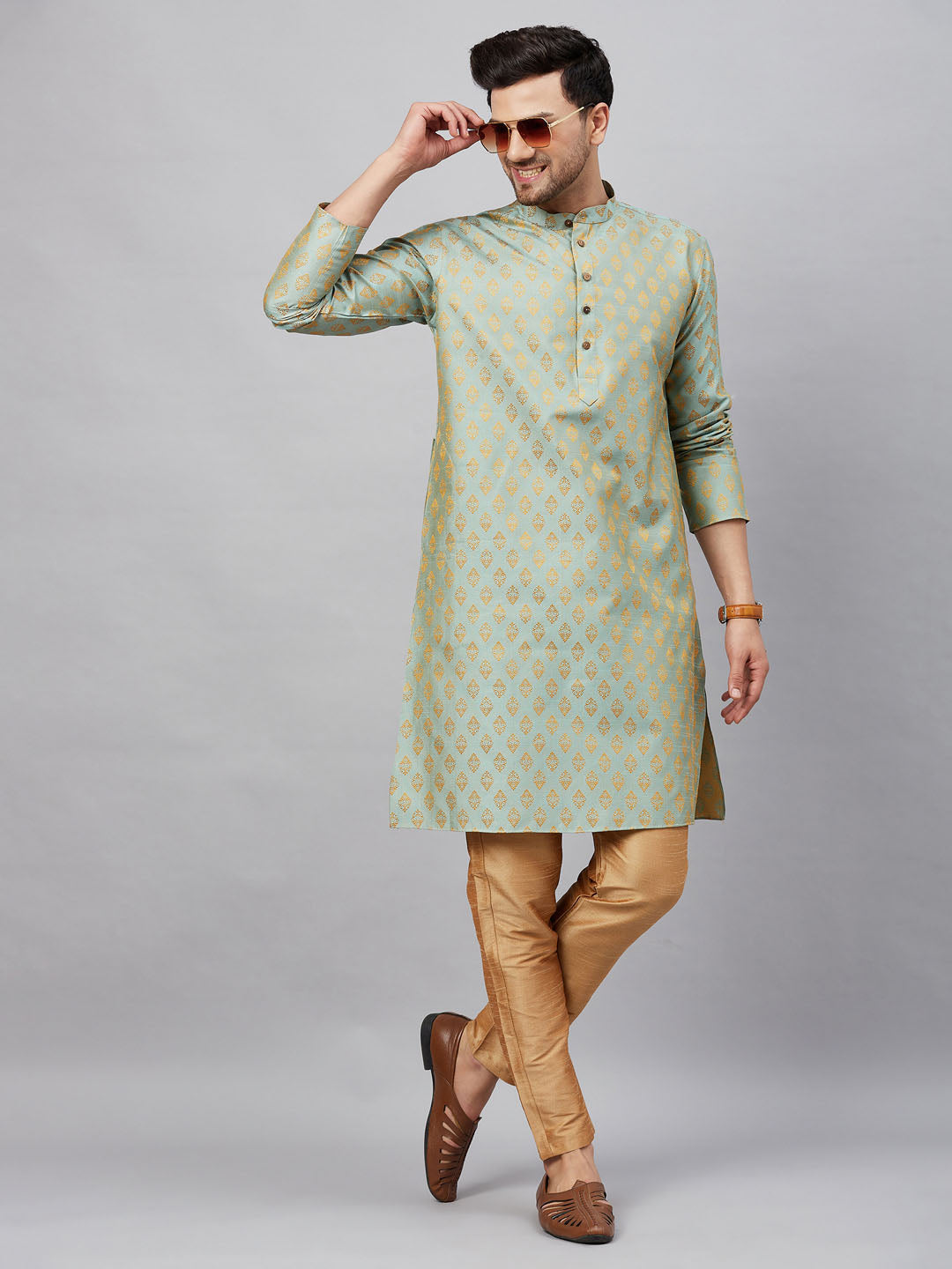 VM By VASTRAMAY Men's Mint Green and Rose Gold Woven Kurta Pant Set