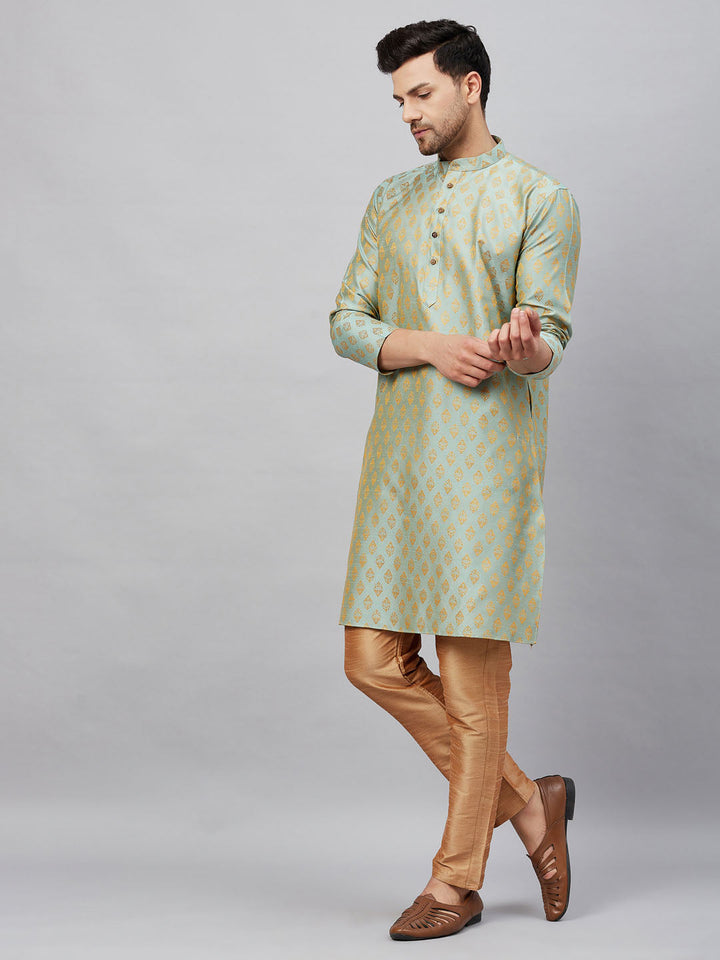 VM By VASTRAMAY Men's Mint Green and Rose Gold Woven Kurta Pant Set