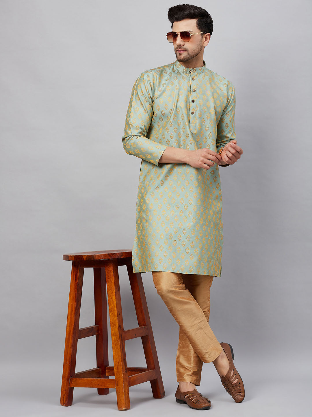 VM By VASTRAMAY Men's Mint Green and Rose Gold Woven Kurta Pant Set