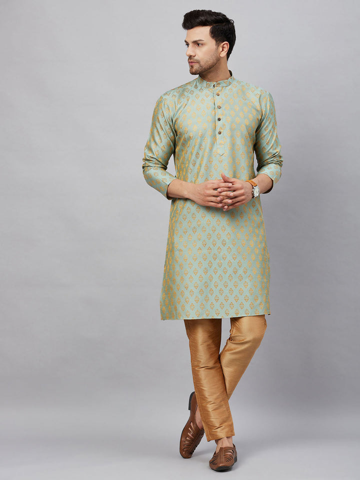 VM By VASTRAMAY Men's Mint Green and Rose Gold Woven Kurta Pant Set