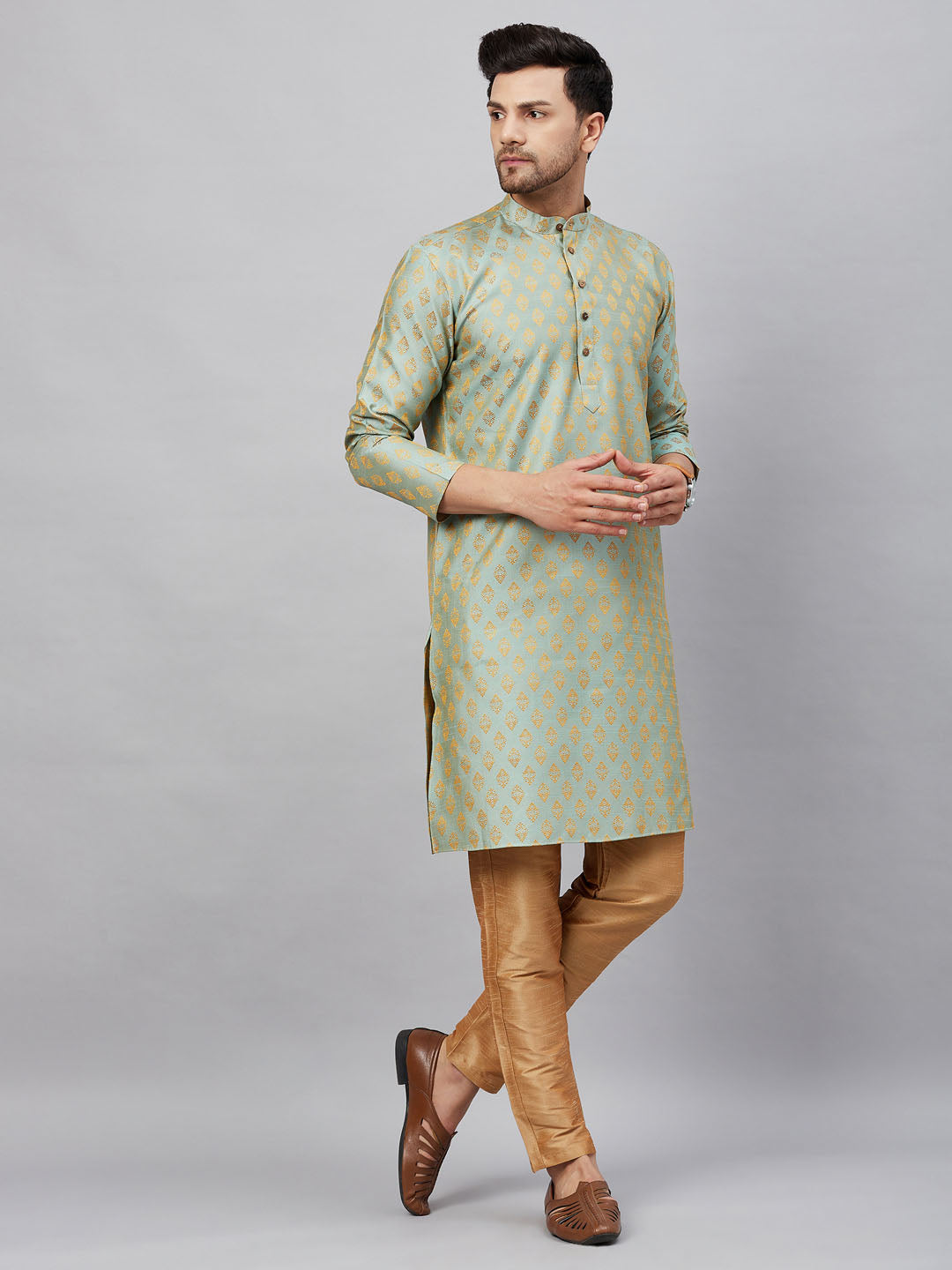 VM By VASTRAMAY Men's Mint Green and Rose Gold Woven Kurta Pant Set