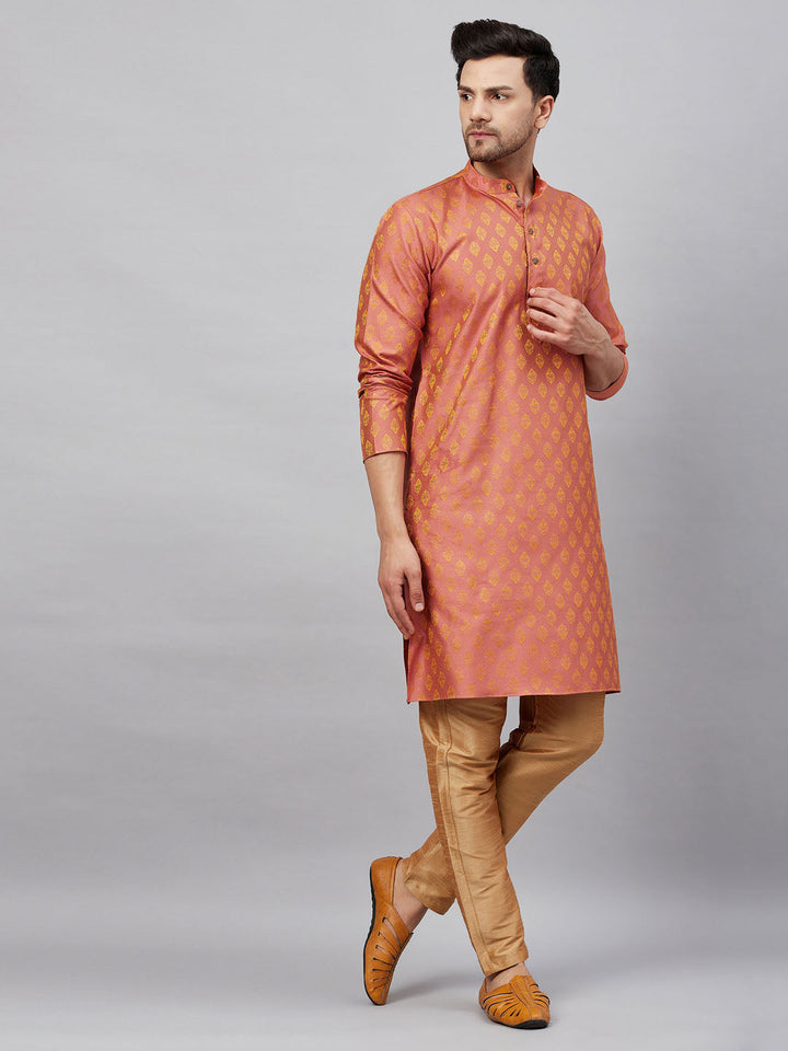 VM By VASTRAMAY Men's Pink and Rose Gold Woven Kurta Pant Set