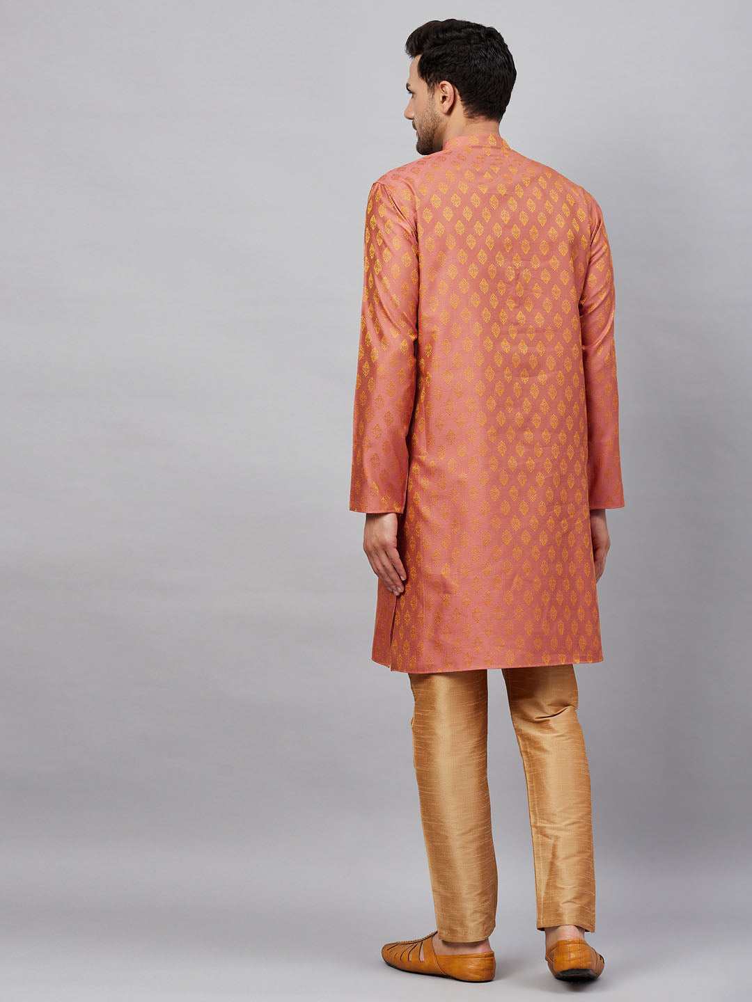 VM By VASTRAMAY Men's Pink and Rose Gold Woven Kurta Pant Set