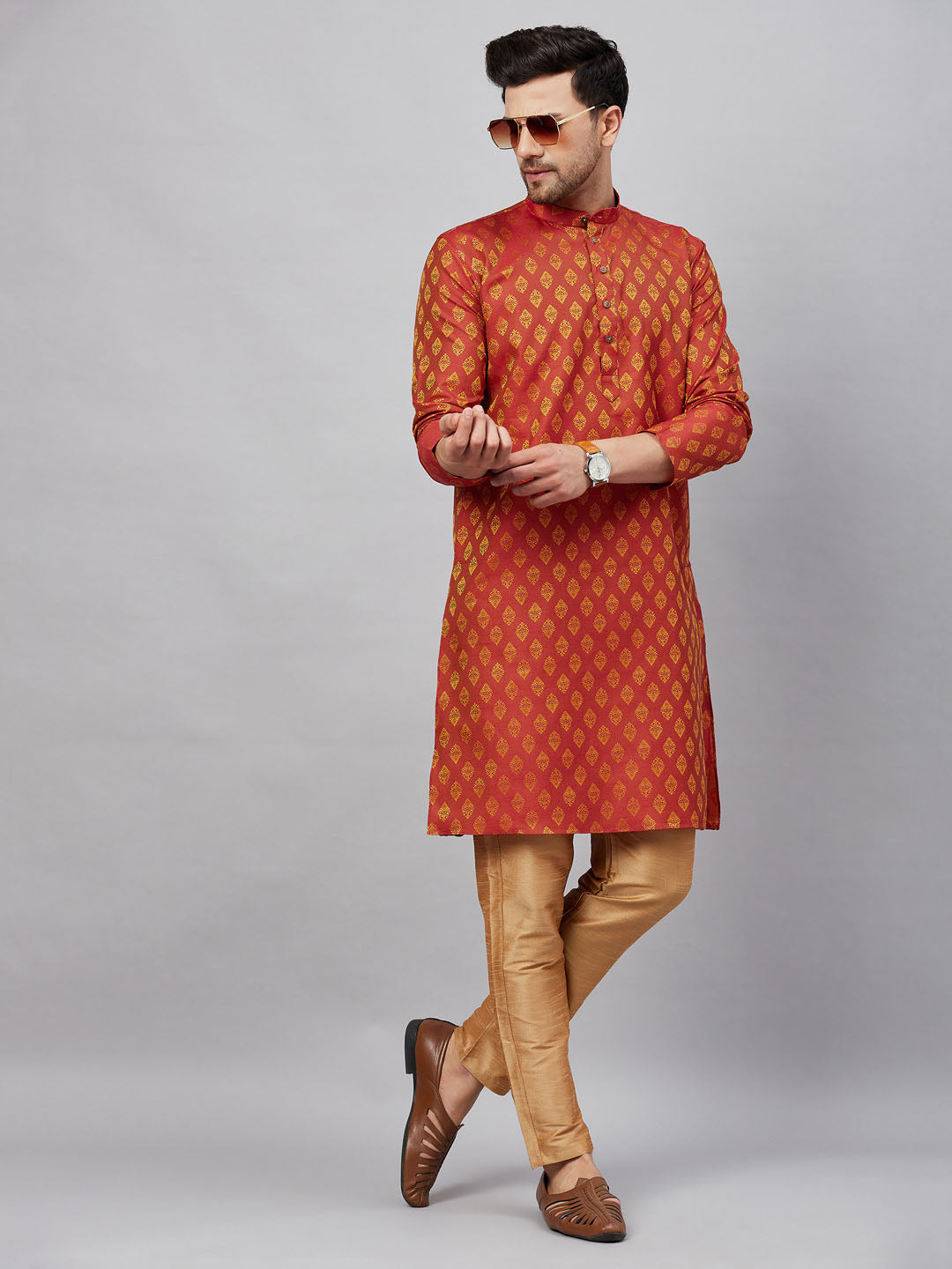 VM By VASTRAMAY Men's Red and Rose Gold Woven Kurta Pant Set