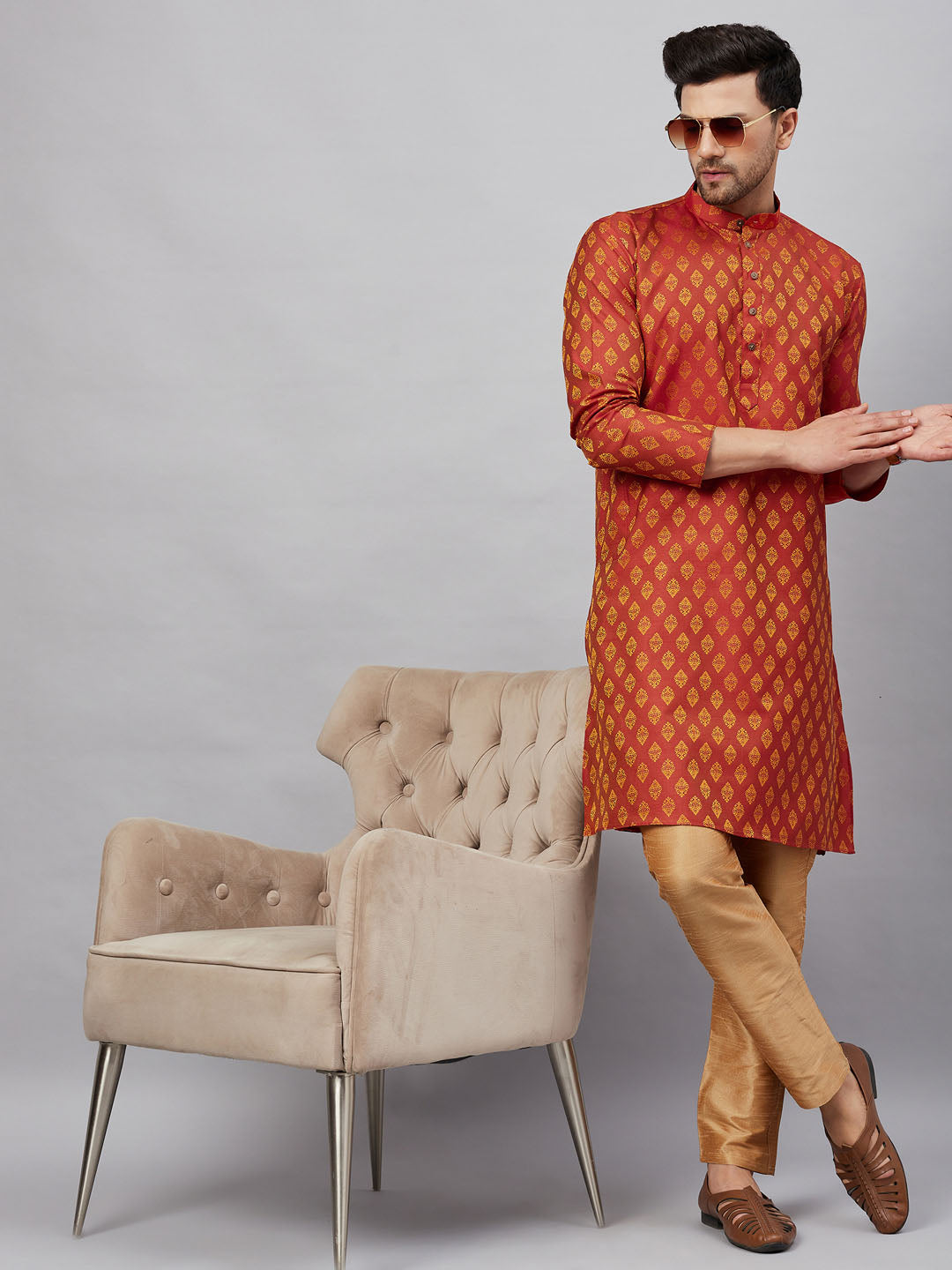 VM By VASTRAMAY Men's Red and Rose Gold Woven Kurta Pant Set