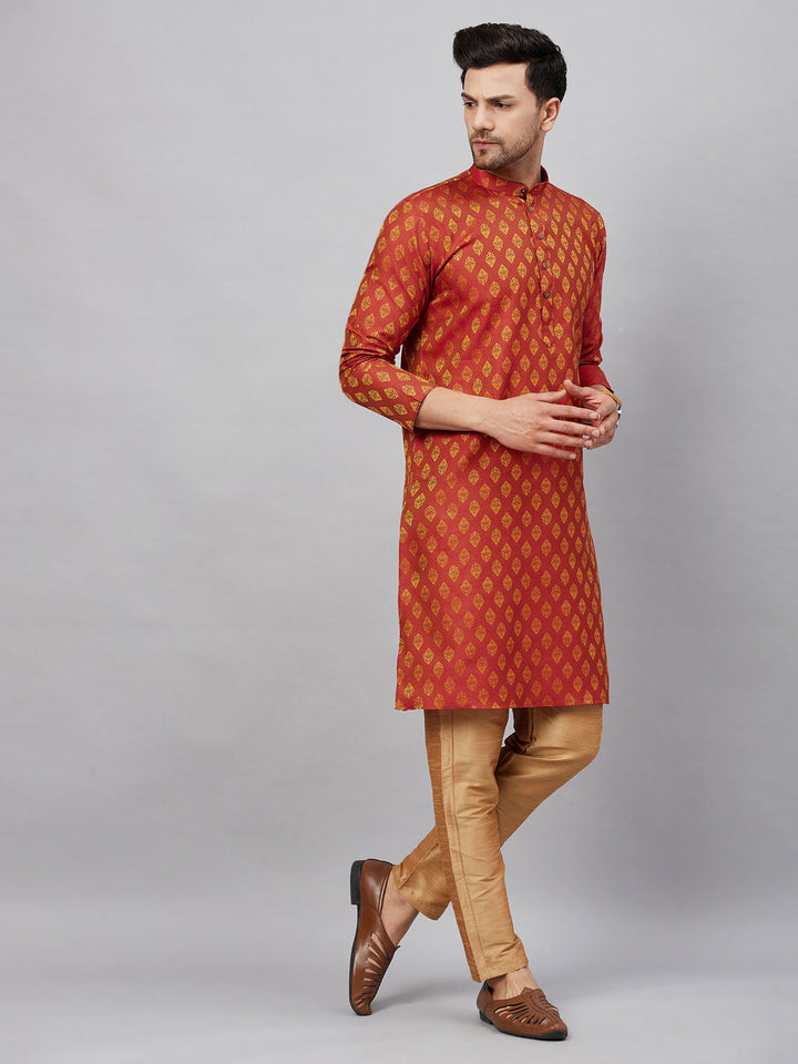 VM By VASTRAMAY Men's Red and Rose Gold Woven Kurta Pant Set