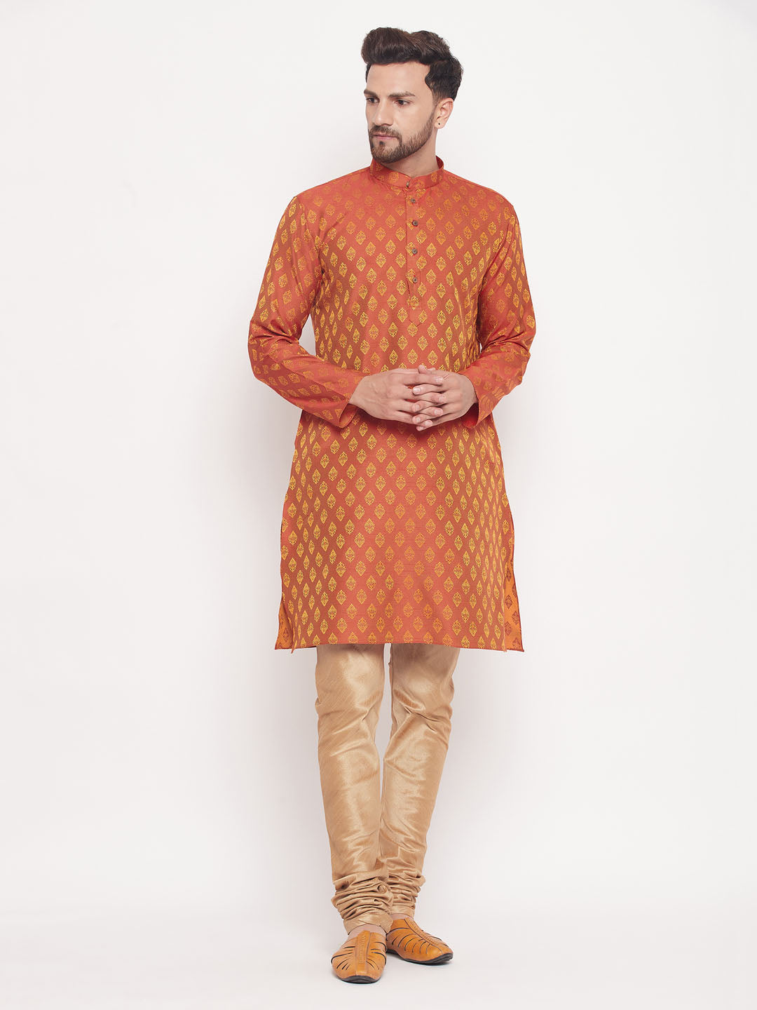 VM BY VASTRAMAY Men's Red Woven Kurta Pyjama Set