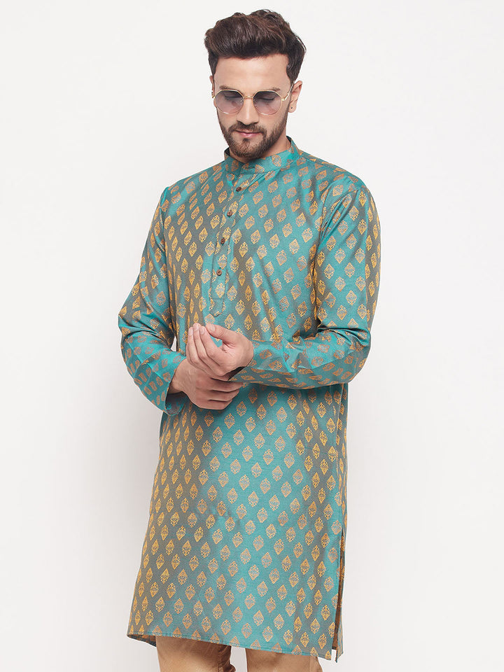 VM BY VASTRAMAY Men's Turquoise Blue Woven Kurta