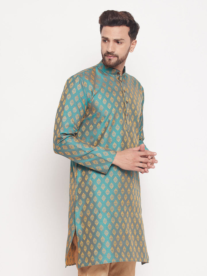 VM BY VASTRAMAY Men's Turquoise Blue Woven Kurta