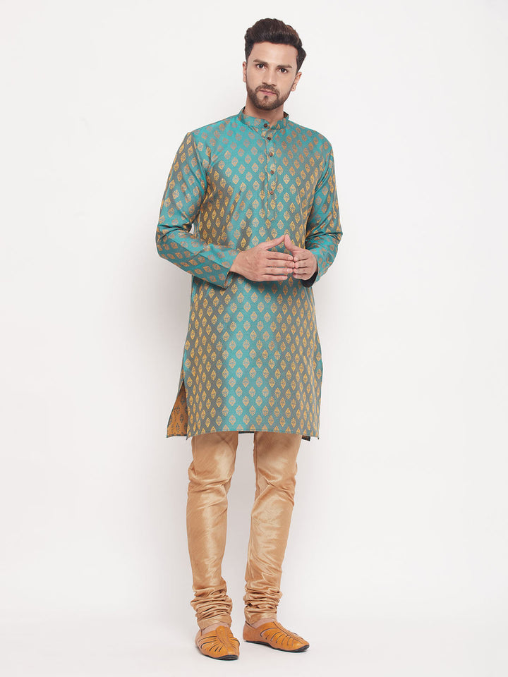 VM BY VASTRAMAY Men's Turquoise Blue Woven Kurta