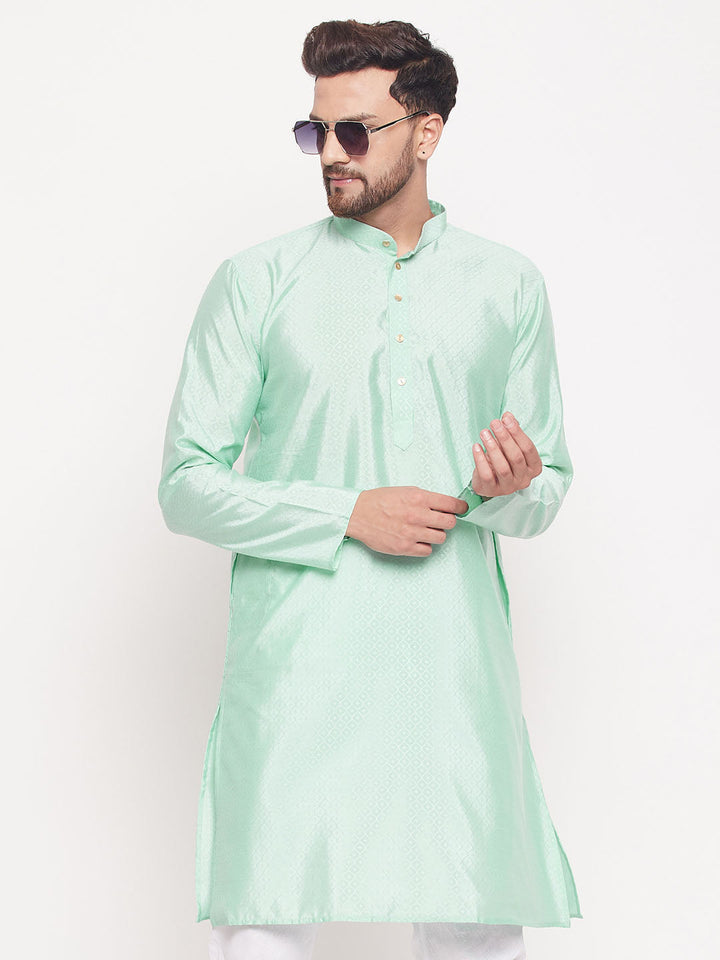 VM BY VASTRAMAY Men's Aqua Blue Square Woven Design Silk Blend Kurta