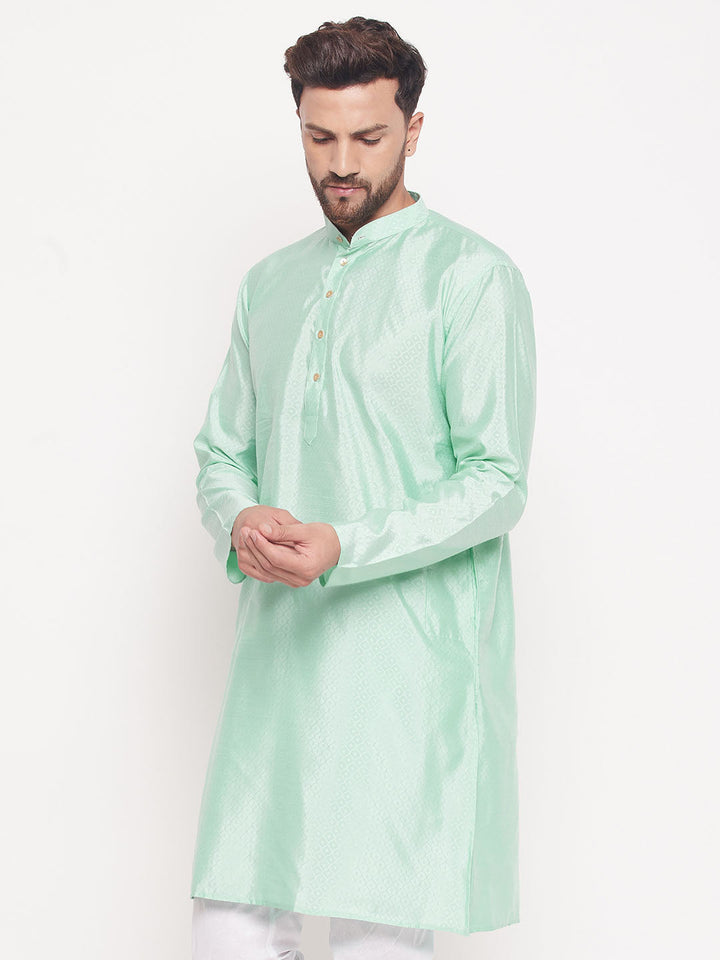  Side view of VM BY VASTRAMAY Men's Aqua Blue Square Woven Design Silk Blend Kurta showing the comfortable fit