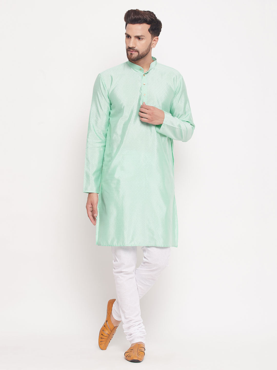 VM BY VASTRAMAY Men's Aqua Blue Square Woven Design Silk Blend Kurta, perfect for festive occasions and formal events, featuring intricate detailing and comfortable silk blend fabric