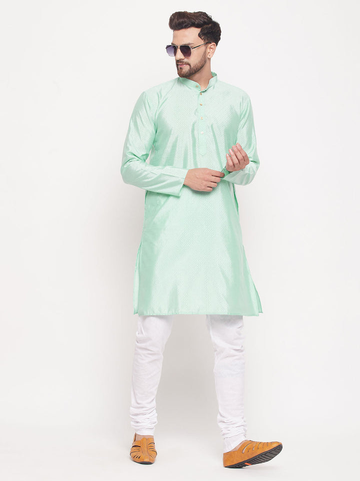 VM BY VASTRAMAY Men's Aqua Blue Square Woven Design Silk Blend Kurta With White Pyjama Set