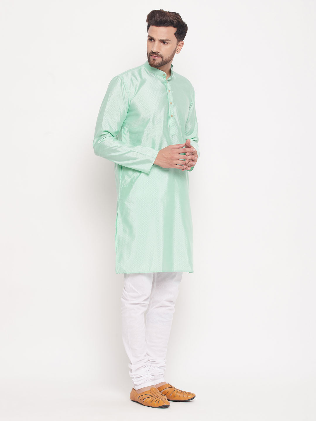 VM BY VASTRAMAY Men's Aqua Blue Square Woven Design Silk Blend Kurta With White Pyjama Set