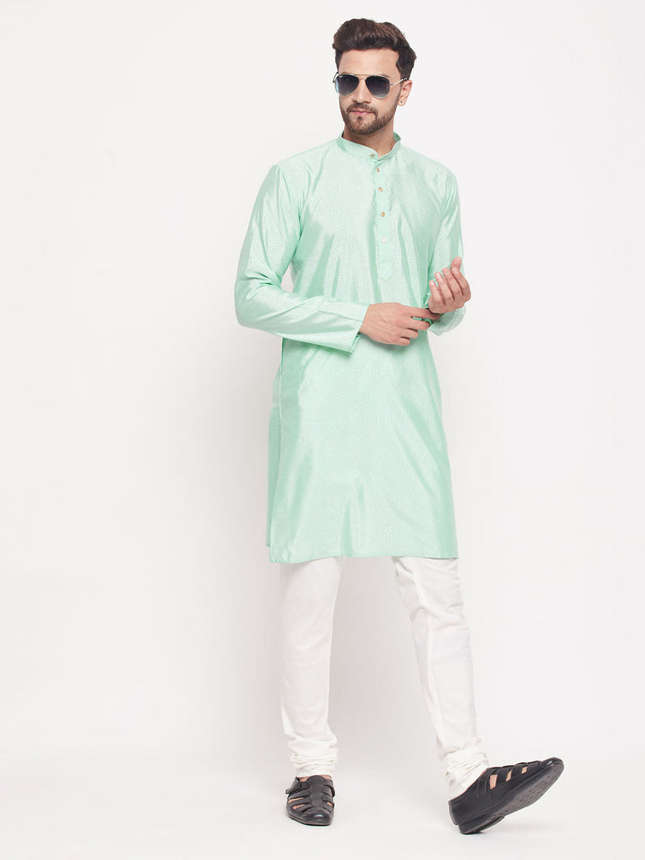 VM BY VASTRAMAY Men's Aqua Blue Square Woven Design Silk Blend Kurta With Cream Pyjama Set