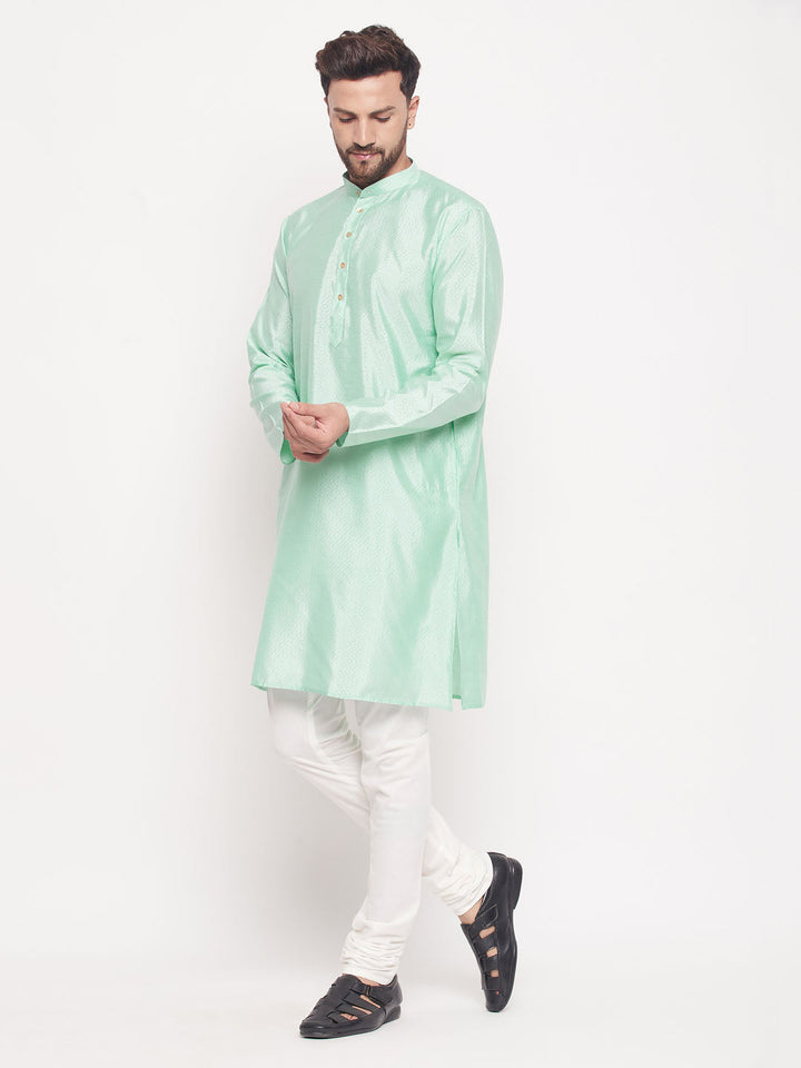 VM BY VASTRAMAY Men's Aqua Blue Square Woven Design Silk Blend Kurta With Cream Pyjama Set