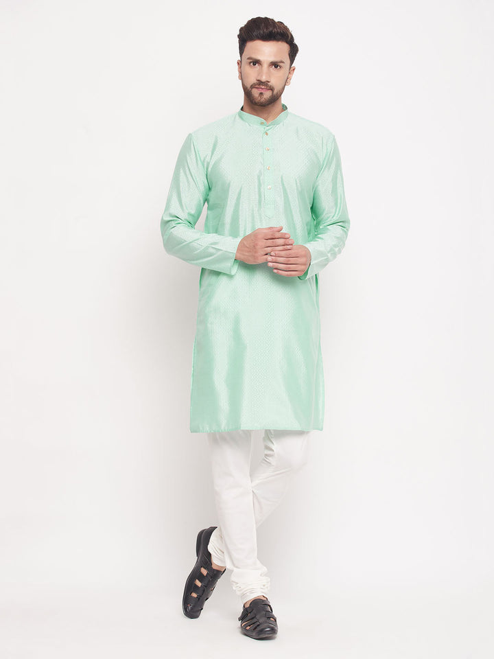 VM BY VASTRAMAY Men's Aqua Blue Square Woven Design Silk Blend Kurta With Cream Pyjama Set