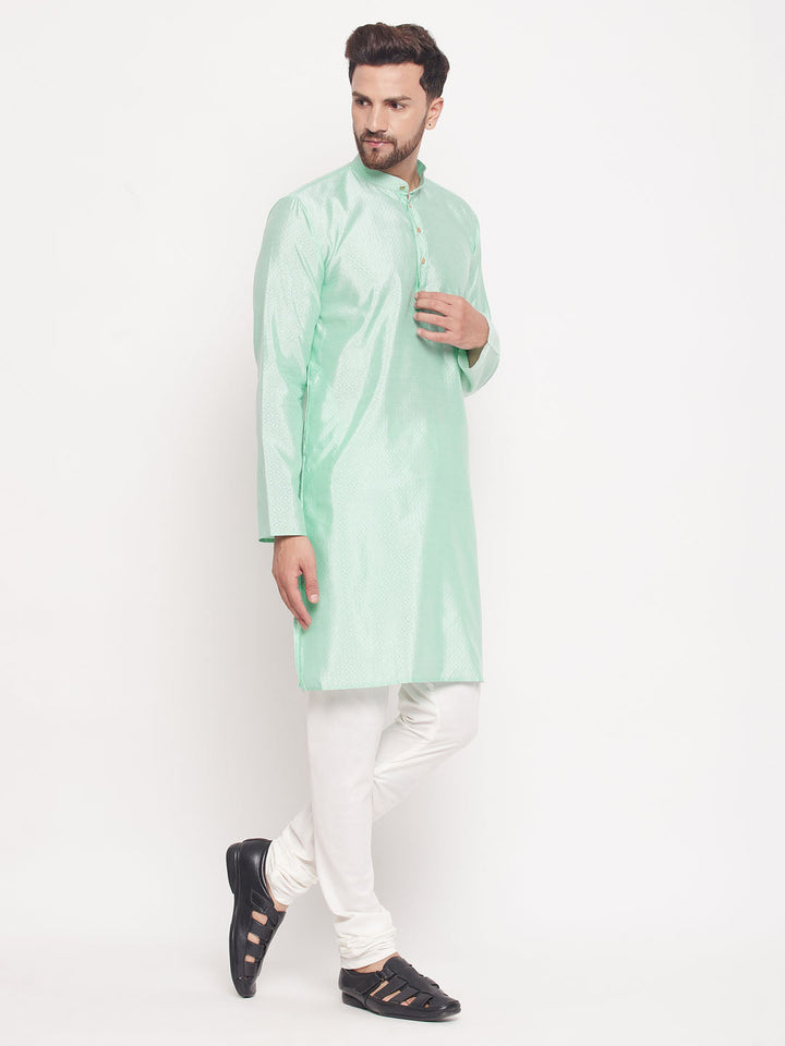 VM BY VASTRAMAY Men's Aqua Blue Square Woven Design Silk Blend Kurta With Cream Pyjama Set