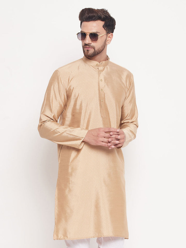 VM BY VASTRAMAY Men's Beige Square Woven Design Silk Blend Kurta