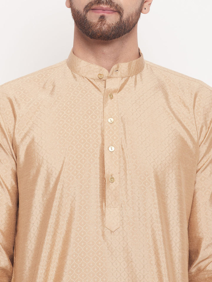 VM BY VASTRAMAY Men's Beige Square Woven Design Silk Blend Kurta