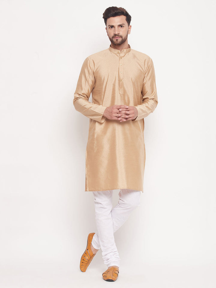 VM BY VASTRAMAY Men's Beige Square Woven Design Silk Blend Kurta