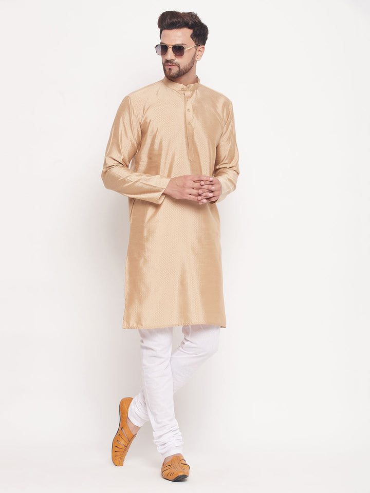 VM BY VASTRAMAY Men's Beige Square Woven Silk Blend Kurta With White Pyjama Set