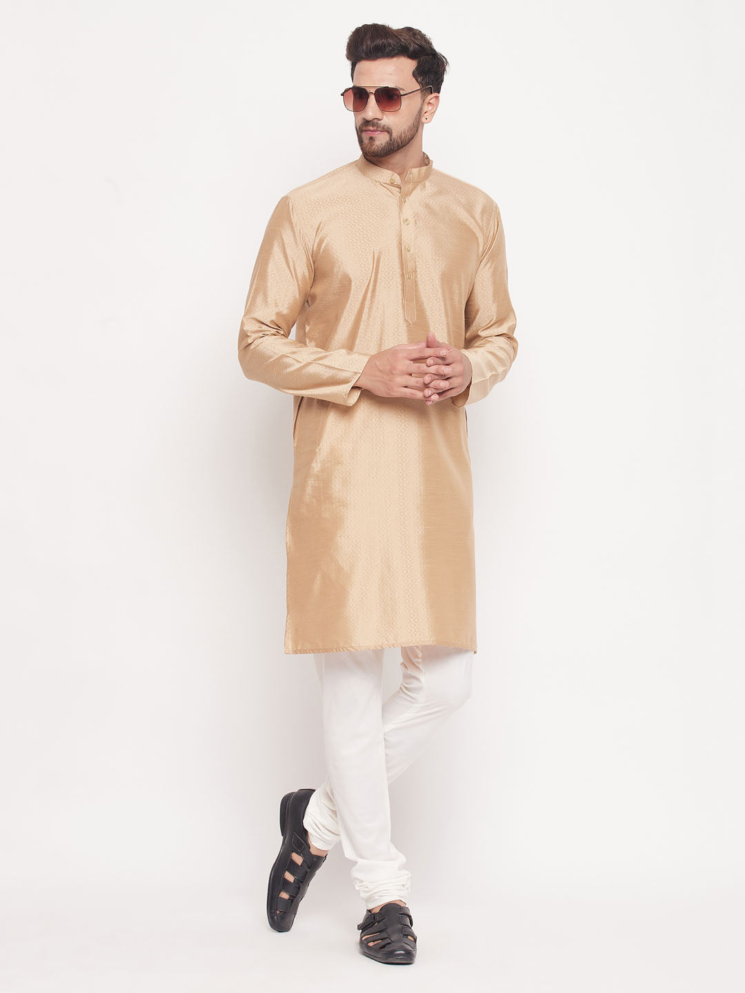 VM BY VASTRAMAY Men's Beige Square Woven Design Silk Blend Kurta With Cream Pyjama Set