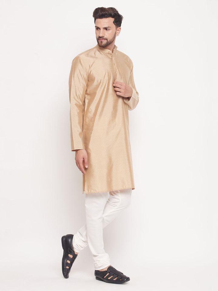 VM BY VASTRAMAY Men's Beige Square Woven Design Silk Blend Kurta With Cream Pyjama Set