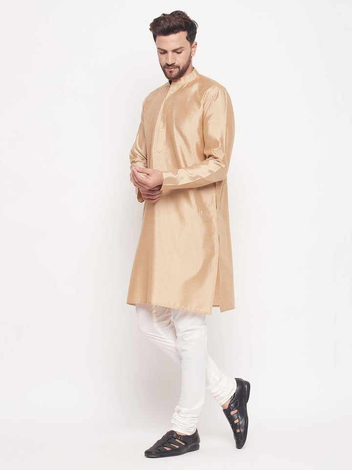 VM BY VASTRAMAY Men's Beige Square Woven Design Silk Blend Kurta With Cream Pyjama Set