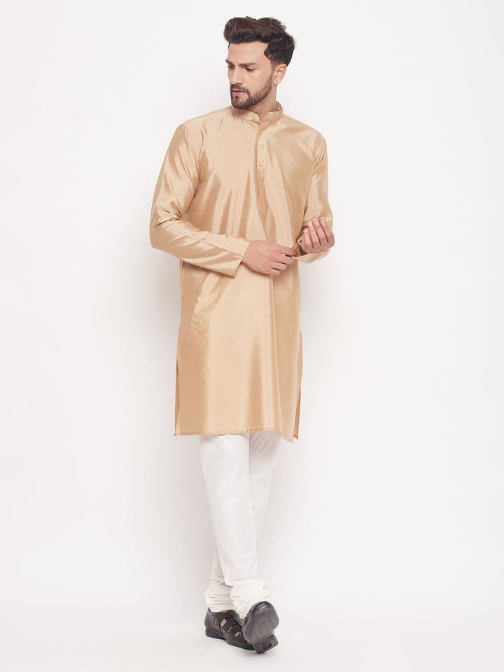 VM BY VASTRAMAY Men's Beige Square Woven Design Silk Blend Kurta With Cream Pyjama Set