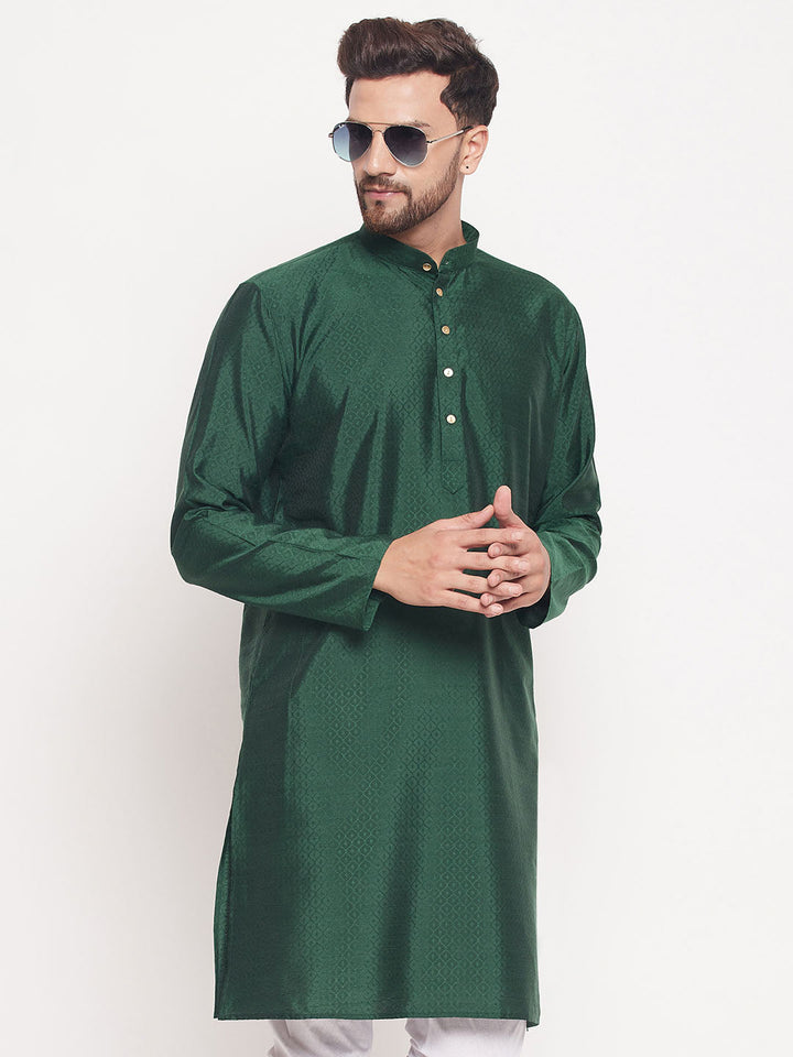 VM BY VASTRAMAY Men's Green Square Woven Design Silk Blend Kurta