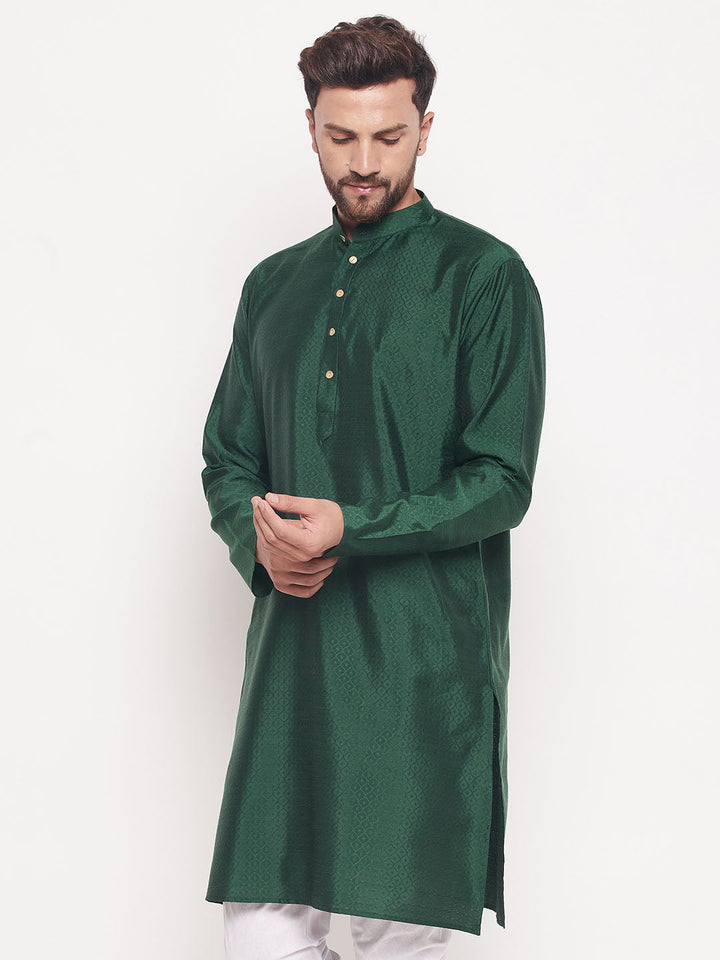 VM BY VASTRAMAY Men's Green Square Woven Design Silk Blend Kurta