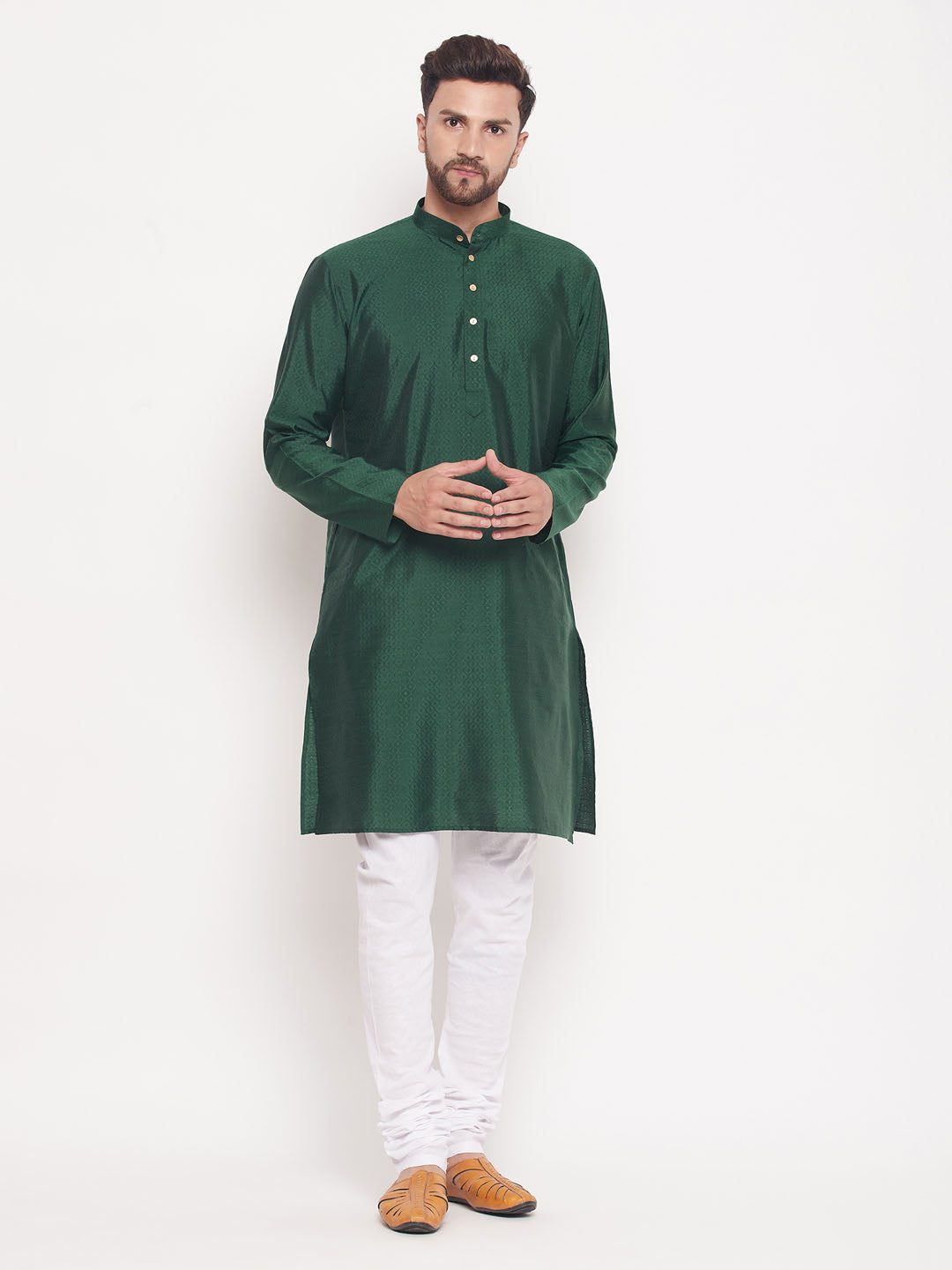 VM BY VASTRAMAY Men's Green Square Woven Design Silk Blend Kurta