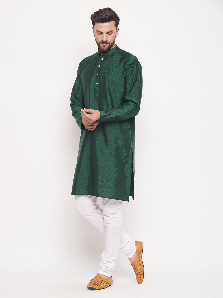 VM BY VASTRAMAY Men's Green Square Woven Silk Blend Kurta With White Pyjama Set