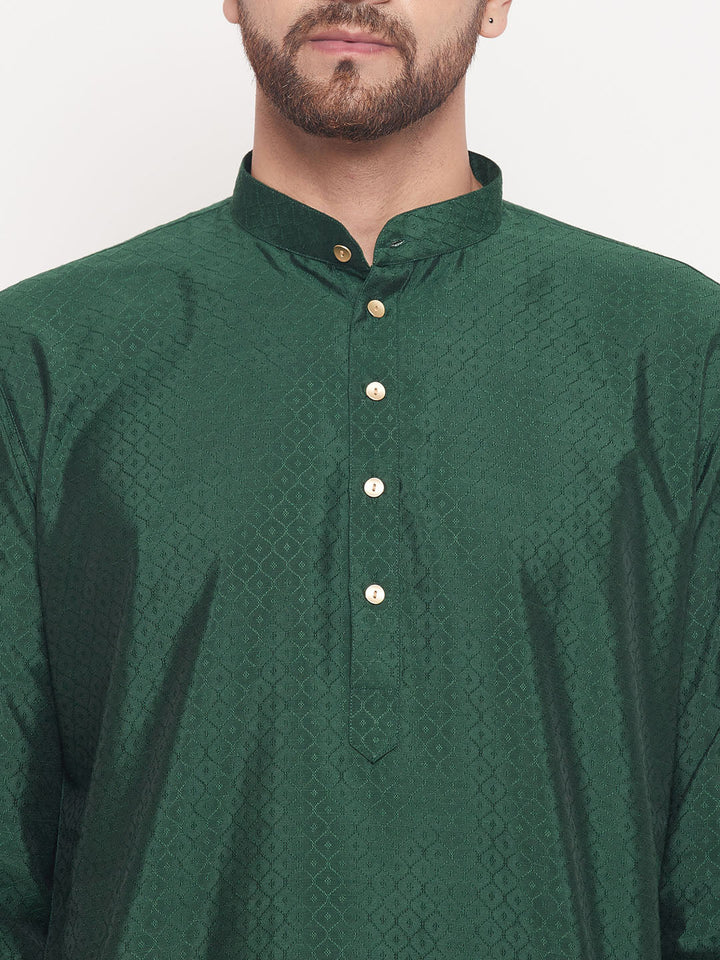 VM BY VASTRAMAY Men's Green Square Woven Silk Blend Kurta With White Pyjama Set