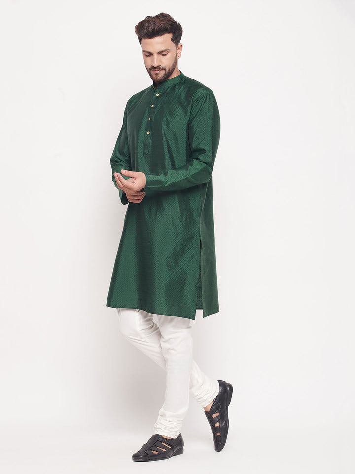 VM BY VASTRAMAY Men's Green Square Woven Silk Blend Kurta With Cream Pyjama Set