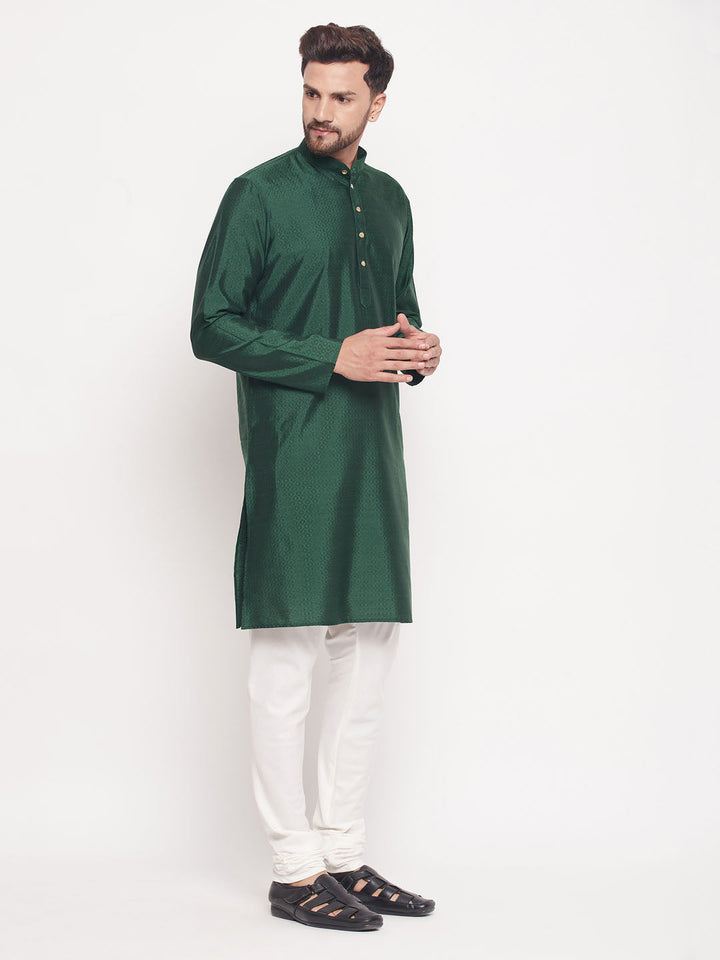 VM BY VASTRAMAY Men's Green Square Woven Silk Blend Kurta With Cream Pyjama Set