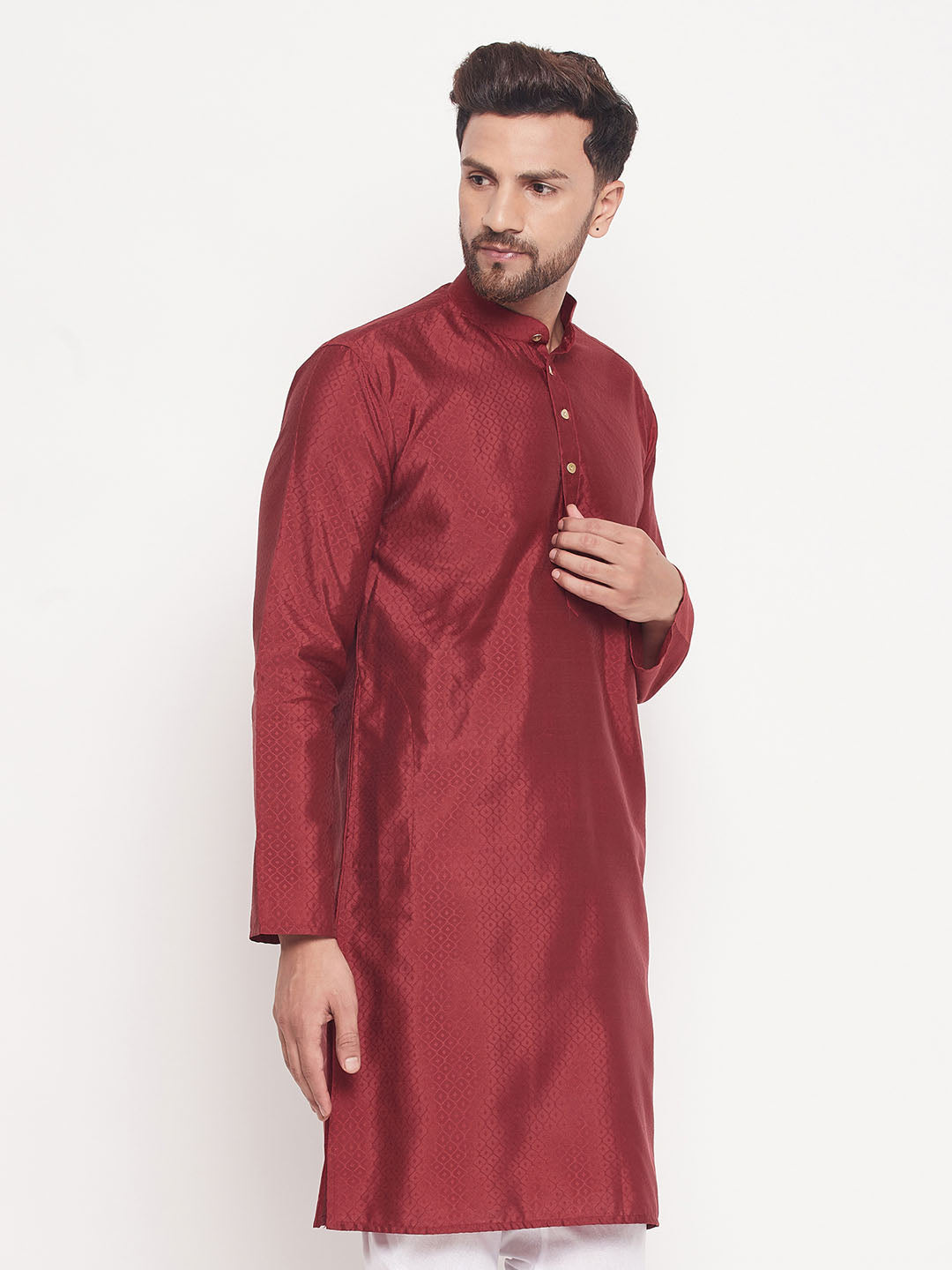 VM BY VASTRAMAY Men's Maroon Square Woven Design Silk Blend Kurta