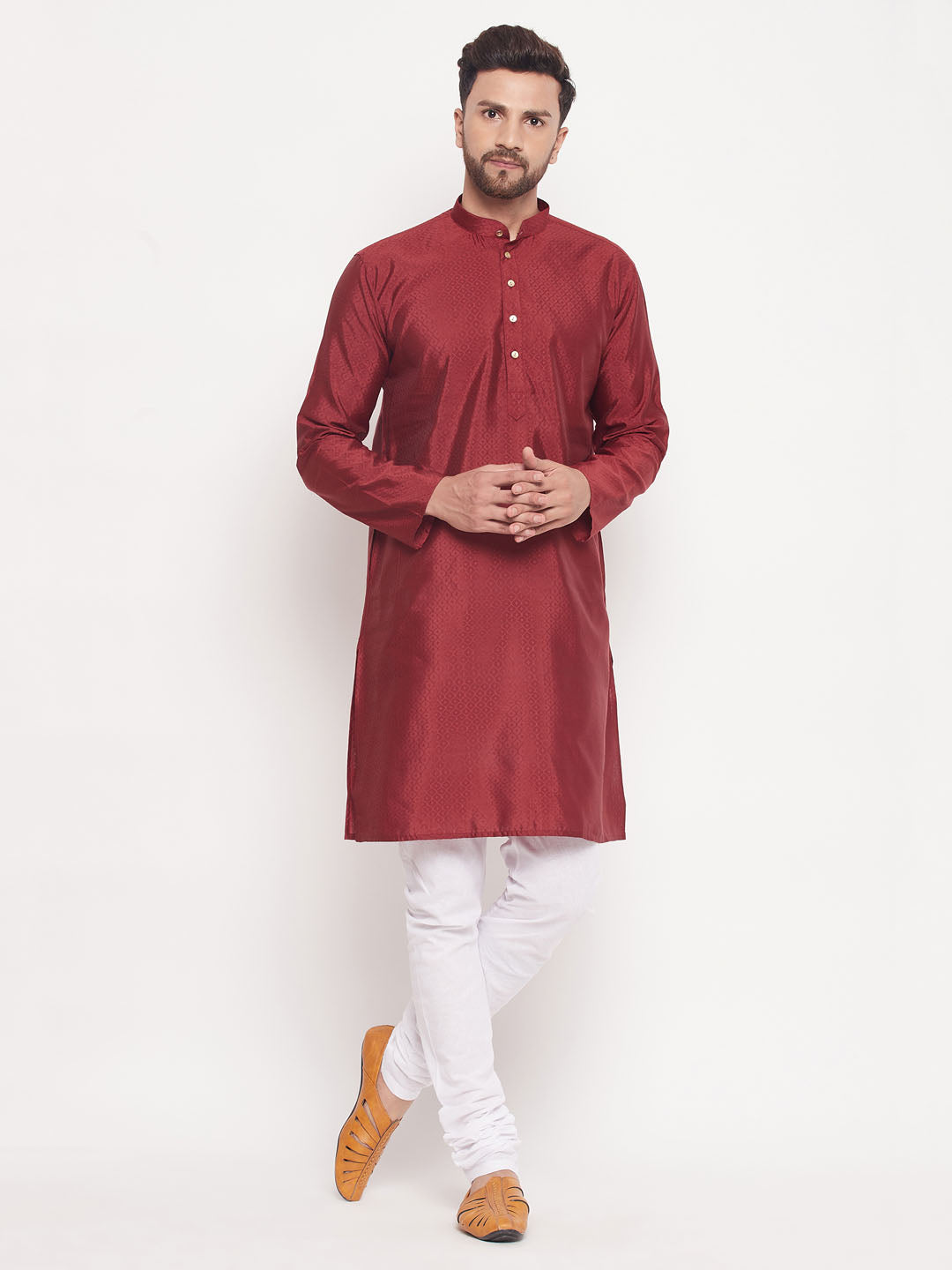 VM BY VASTRAMAY Men's Maroon Square Woven Design Silk Blend Kurta