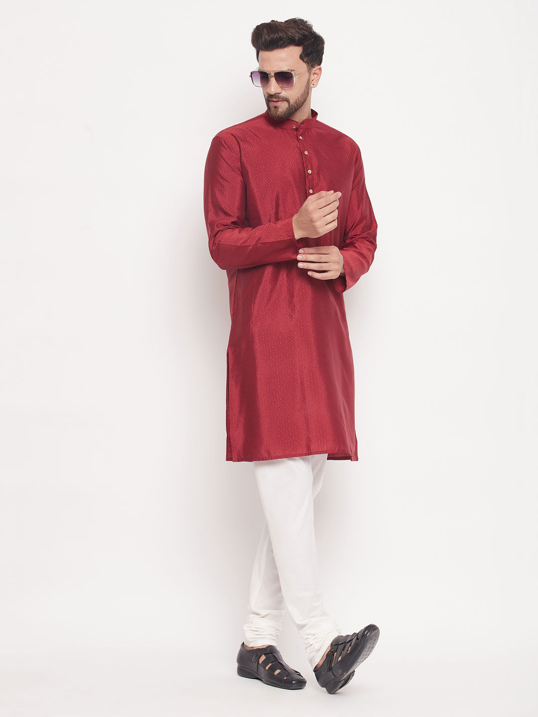 VM BY VASTRAMAY Men's Maroon Square Woven Design Silk Blend Kurta With Cream Pyjama Set