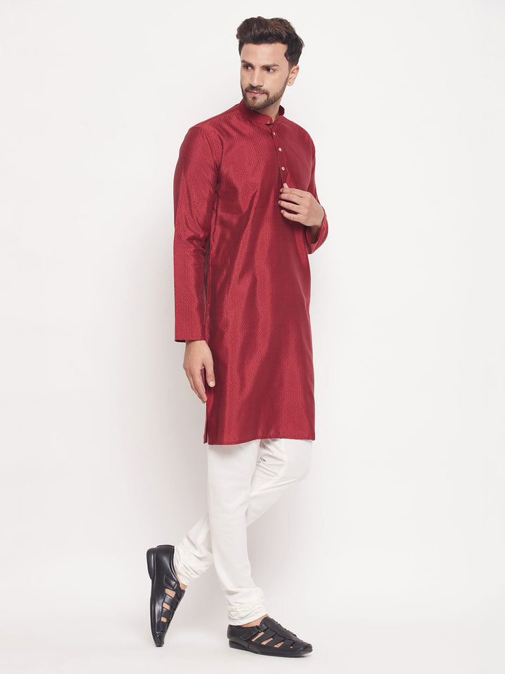 VM BY VASTRAMAY Men's Maroon Square Woven Design Silk Blend Kurta With Cream Pyjama Set