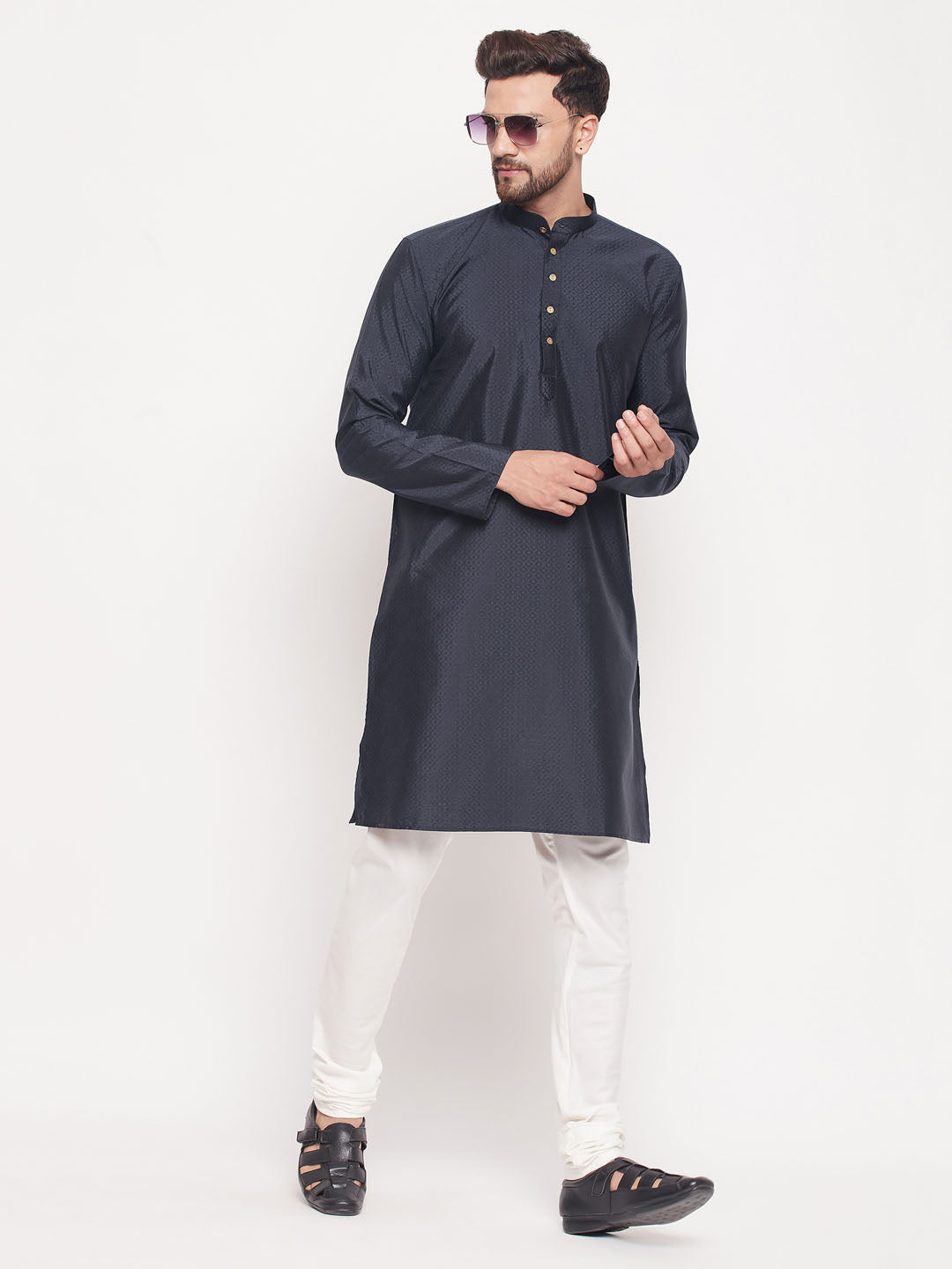 VM BY VASTRAMAY Men's Navy Blue Square Woven Silk Blend Kurta With Cream Color Pyjama Set - Traditional Indian ethnic wear for men