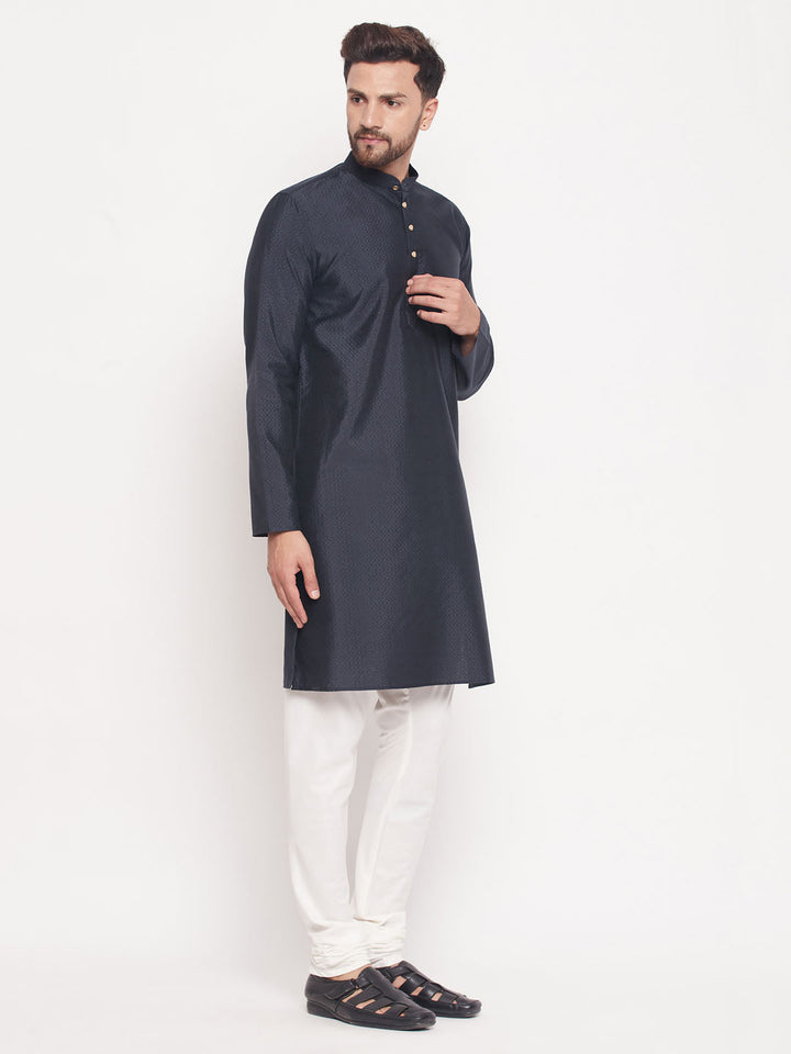 Men's navy blue square woven silk blend kurta with cream color pyjama set