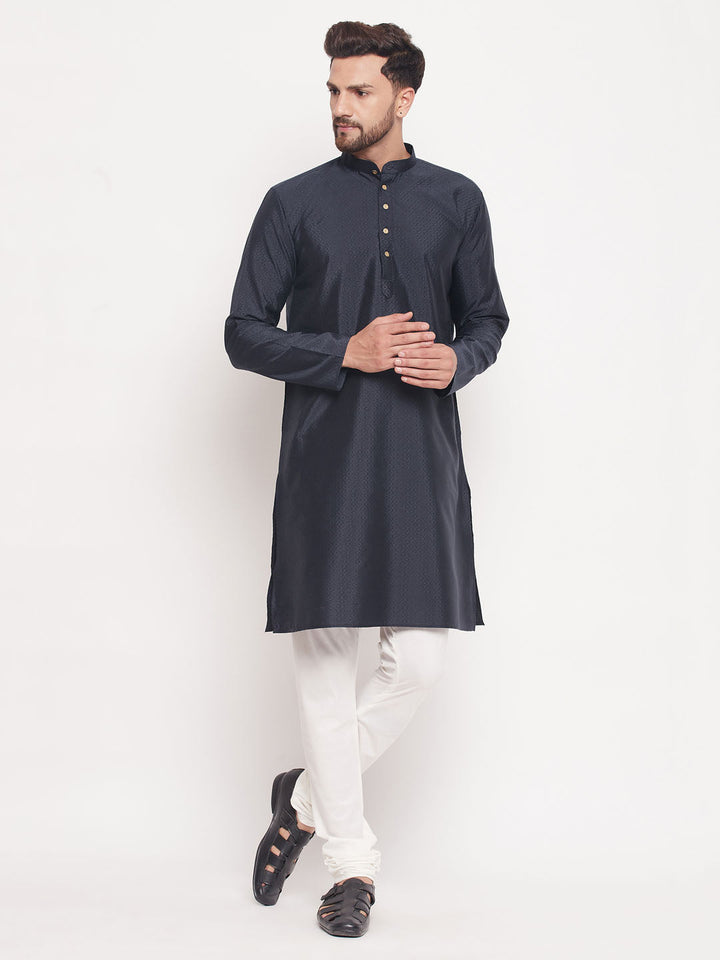 VM BY VASTRAMAY Men's Navy Blue Square Woven Silk Blend Kurta paired with Cream Color Pyjama Set, perfect for traditional occasions and formal events